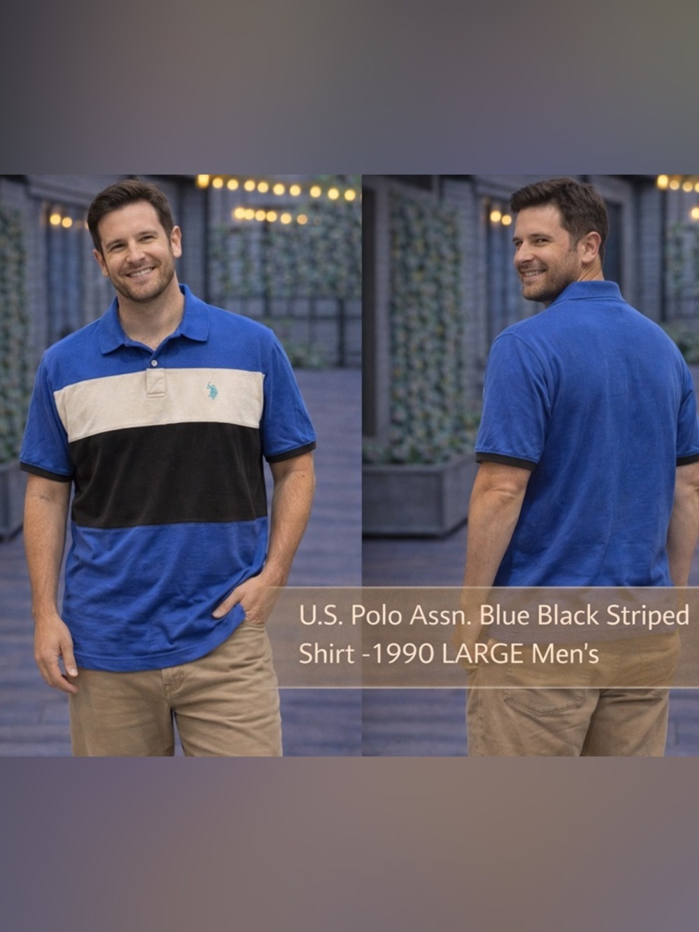 U.S. Polo Assn. Blue Black Striped Polo Shirt -1990 LARGE